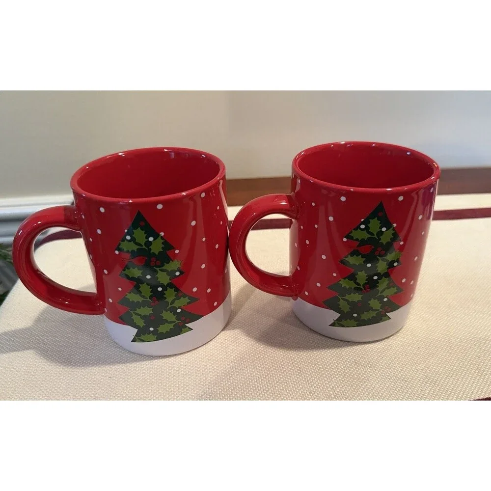 Crate & Barrel Red Christmas Snowman/Tree Mug Designed by Joan Anderson Set of 2